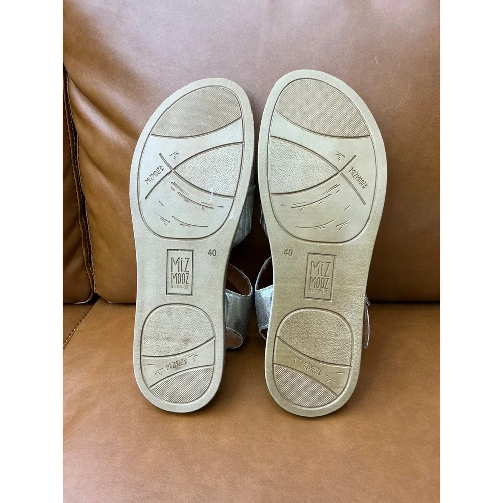 Miz Mooz Haley Wedge Sandals Womens 9 Silver Metallic Leather